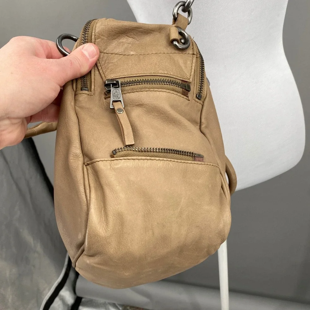 ASH Tan Leather Studded Satchel Crossbody Bag Multi Pocket Gunmetal‎ Hardware